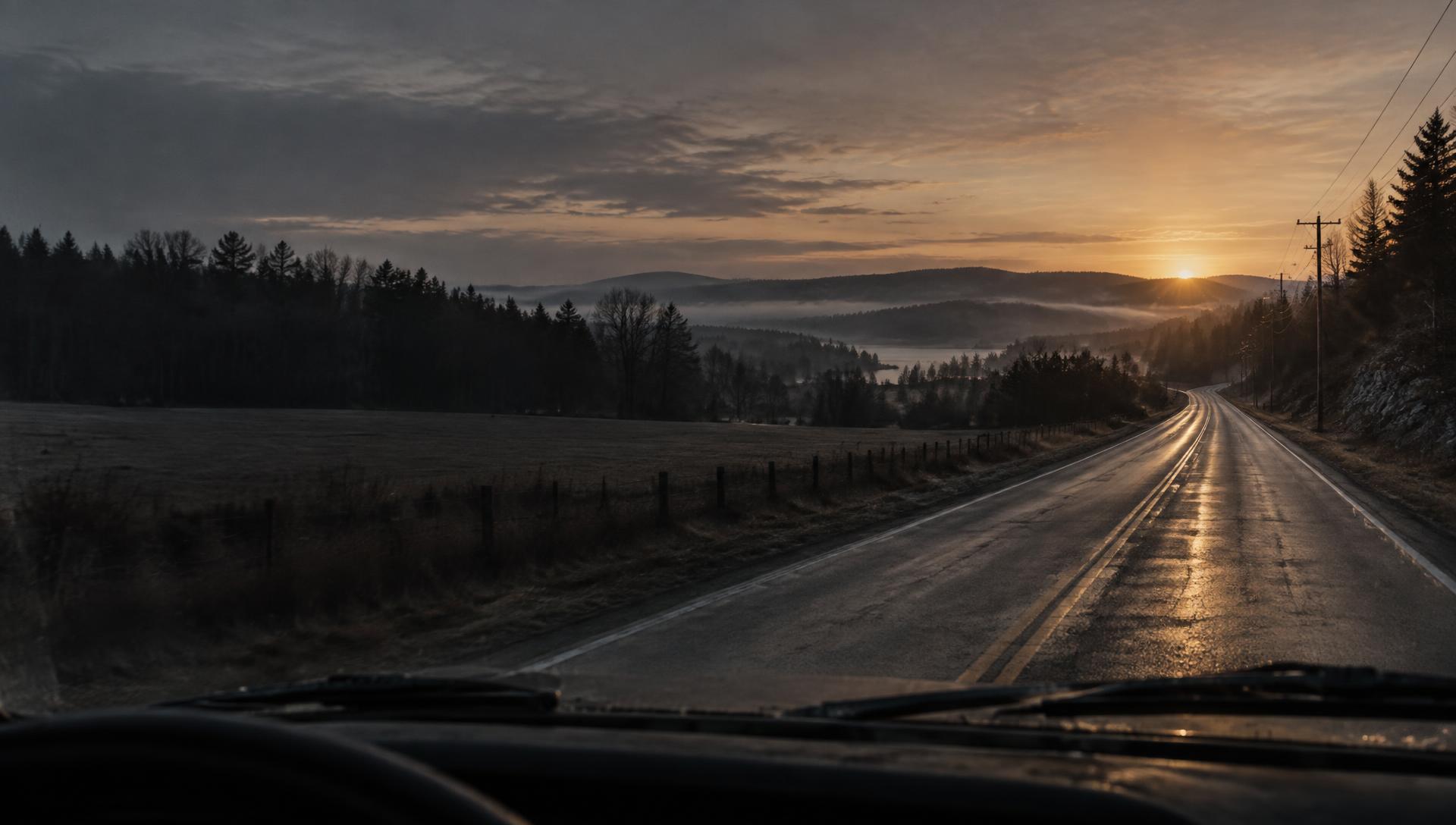 A wet New England road leading toward sunrise
