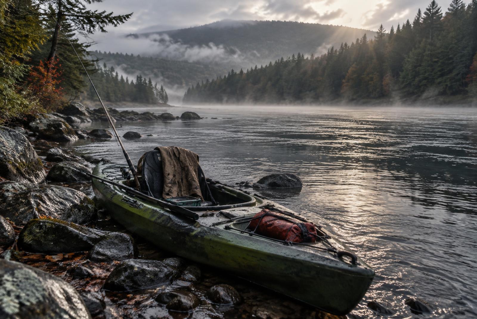 A fishing kayak at a misty New England river